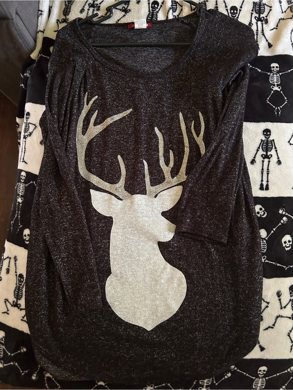Black Long-Sleeve Pullover with Silver Deer Graphic
